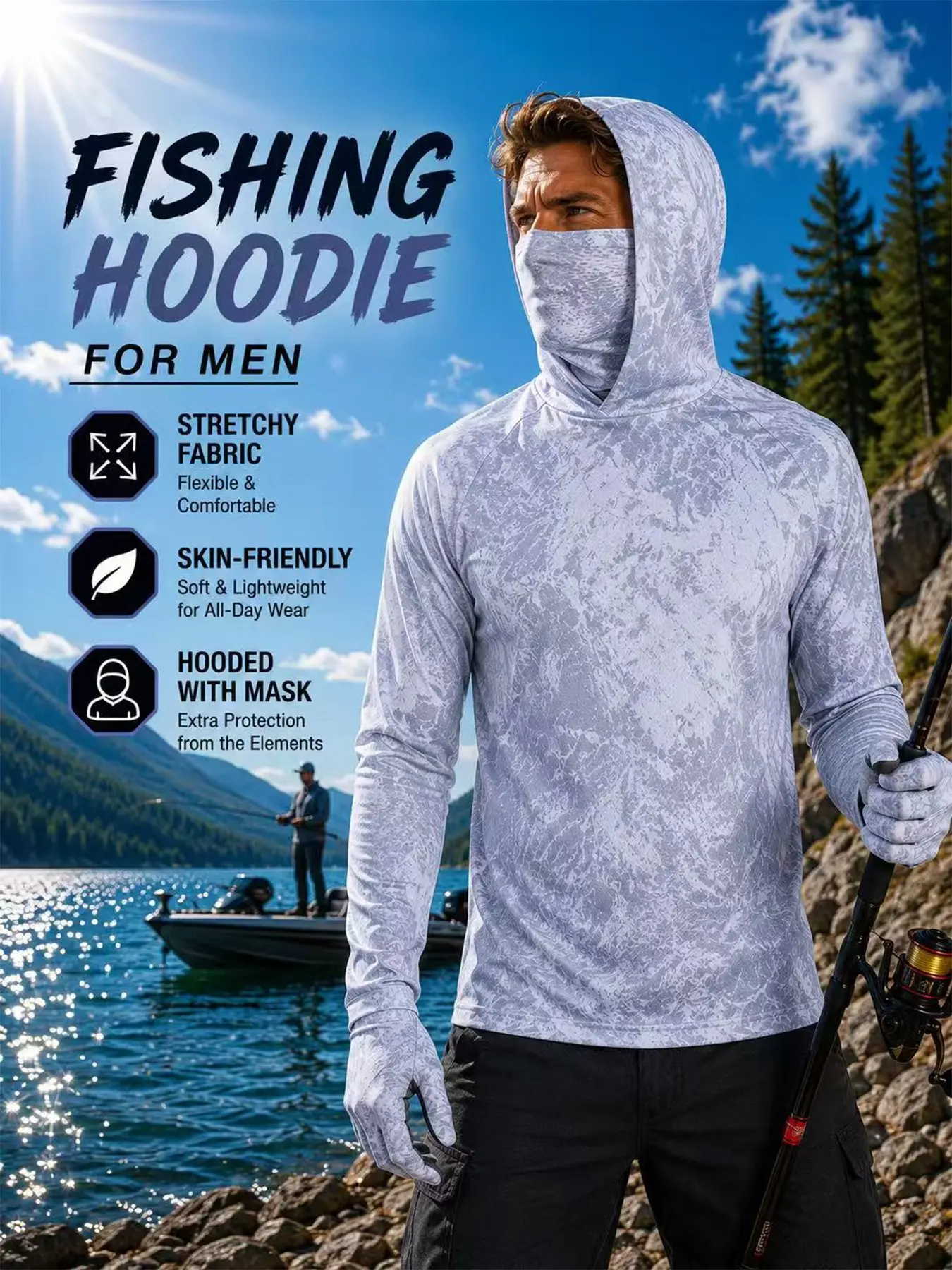 Men's Fishing Hunting Jacket, Outdoor Sporty Style, Sun Protection Windproof Breathable Fabric, Hooded Mask Design, Quick Dry Slim Fit