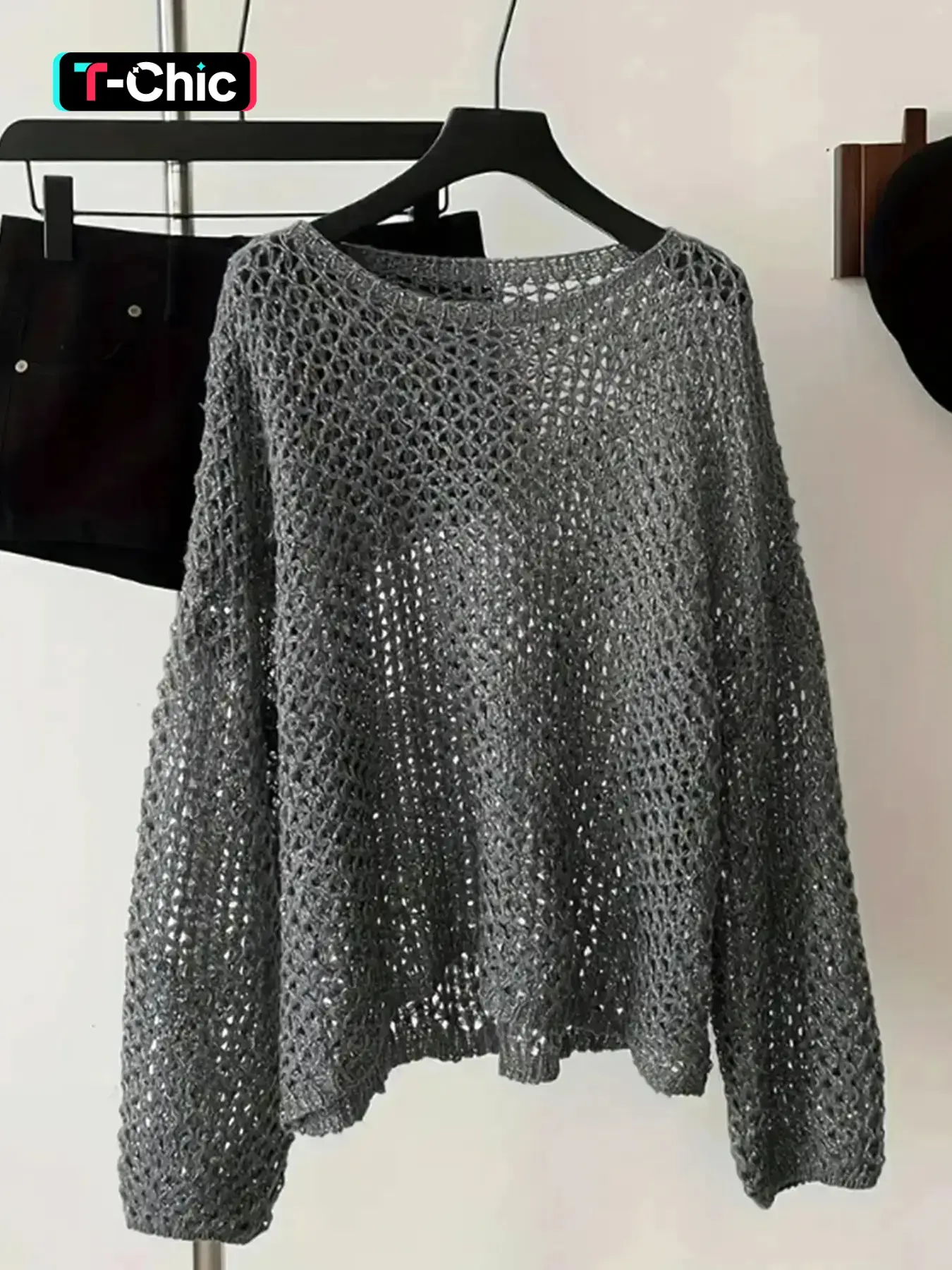 Elegant Women's Knitted Mesh Crew Neck Pullover Sweater, Hollow Out Long Sleeve Fashion Top Casual Tops for Spring & Fall, Casual Wear Knitwear