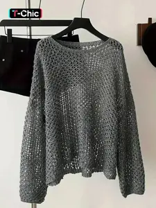 Elegant Women's Knitted Mesh Crew Neck Pullover Sweater, Hollow Out Long Sleeve Fashion Top Casual Tops for Spring & Fall, Casual Wear Knitwear