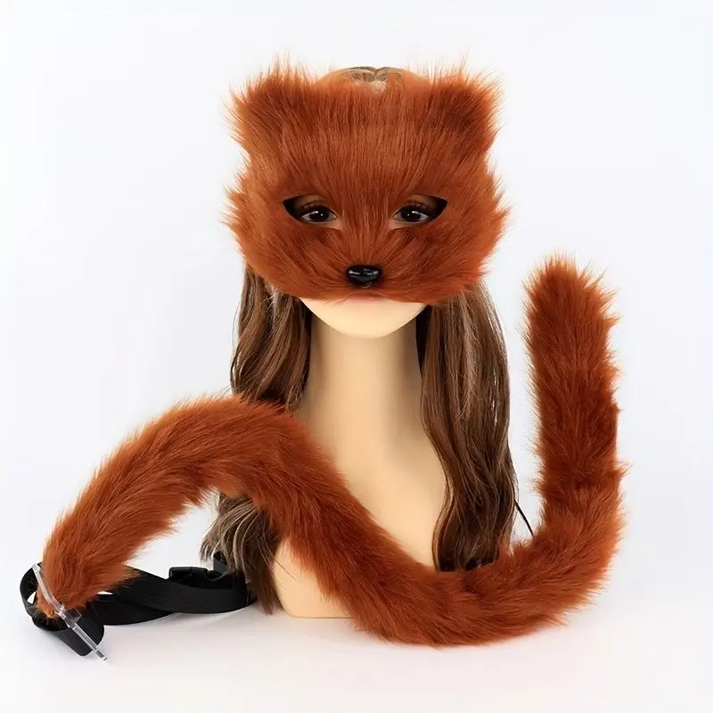 2 Piece Handmade Cat Mask and Tail Set, Cute Plush Mask and Bendable Tail, Perfect for Halloween, Christmas, Easter Costume Parties, Party Accessory