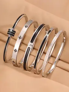 5 Pcs Titanium Steel Bracelet Set, Luxury Style, Diamond Four Leaf Clover Roman Numeral Clasp, Women's Daily Accessory