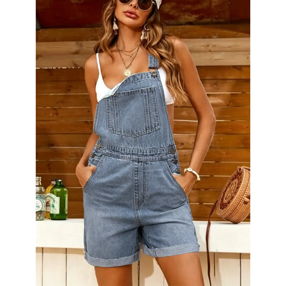 Women's Denim Overalls Shorts, Stretchy Summer Bib Overall, Adjustable Strap Button, Elastic Front Pocket Jean Short Romper, Slim Fit Overall Stok, Casual Outdoor Wear