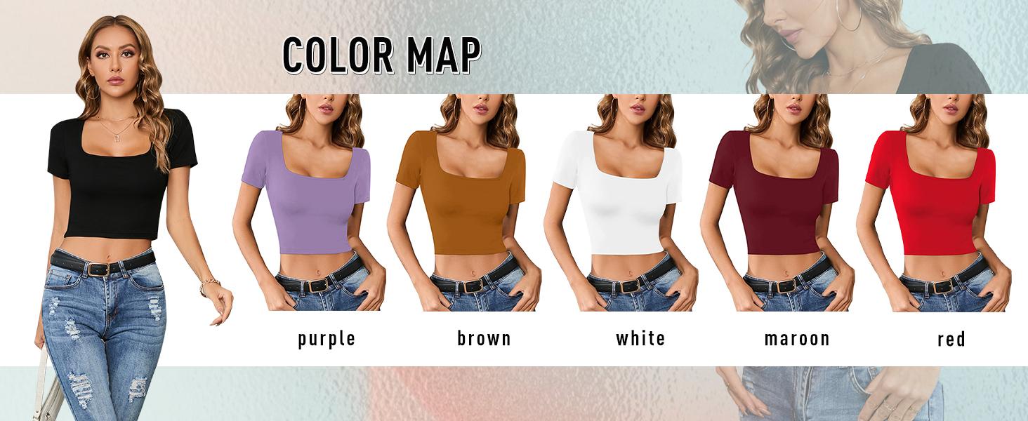 Short Sleeve Square Neck Crop Tops for Women Basic Slim Fit Cropped T-Shirt