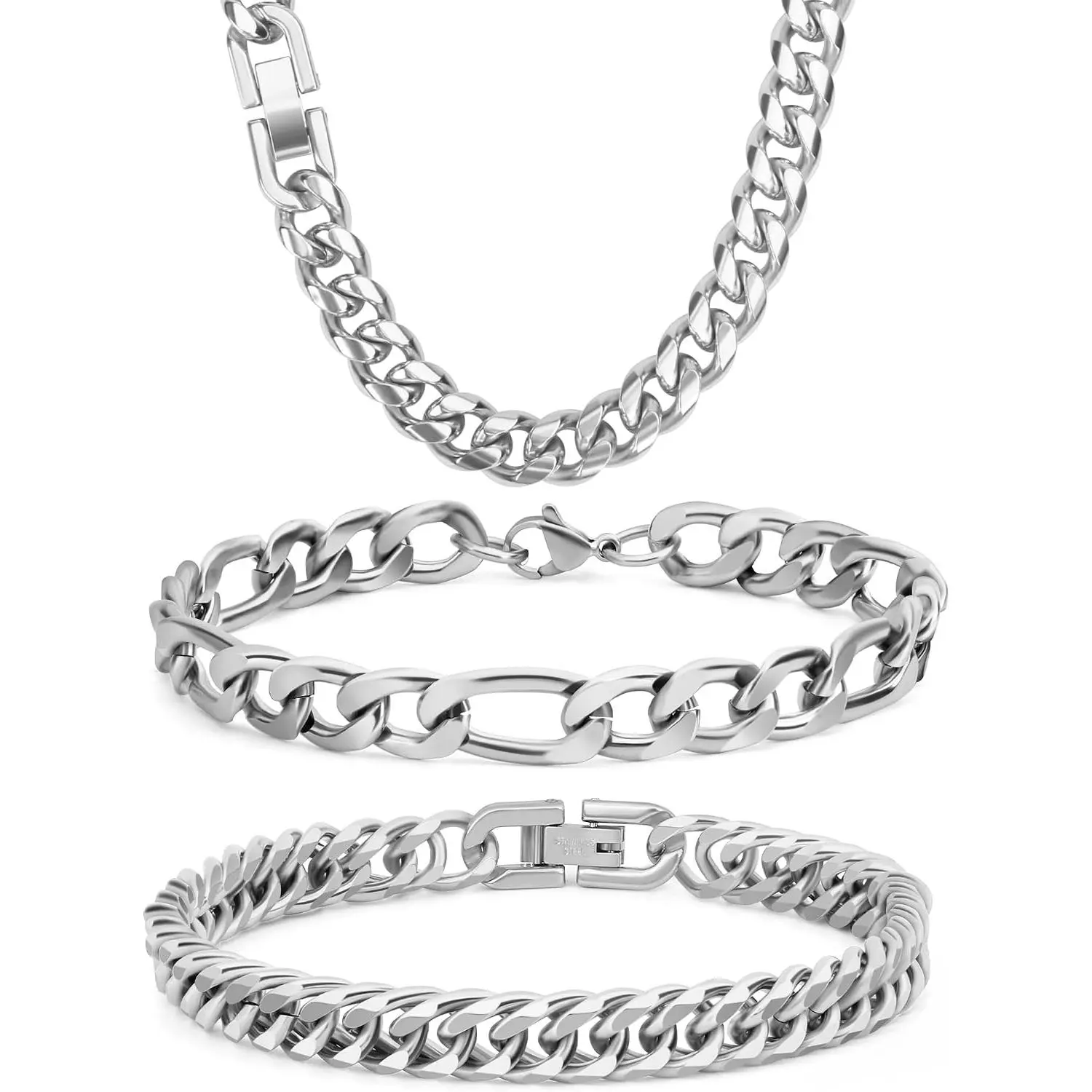 3 count Cuban Link Figaro Bracelet Necklace,   Black Sturdy 316L Stainless Steel Cuban Link Figaro Chain for Men  Set with  Message Card 8mm, 7/8/9 Inches