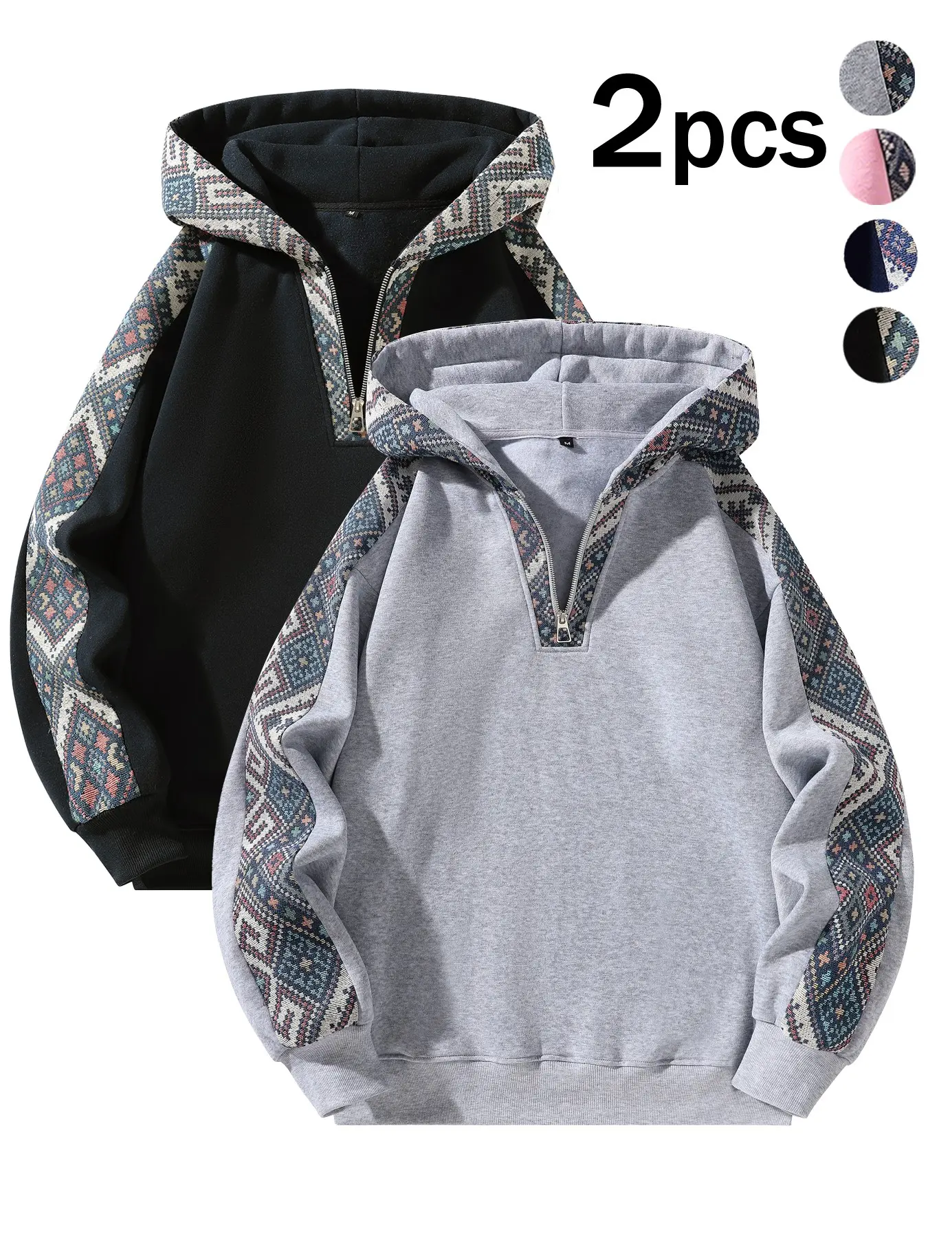 Men's Half-Zip Hooded Sweatshirt, Fleece Lined, Vintage Geometric Tribal Print, Aztec Patchwork Design, Casual Long Sleeve Hoodie