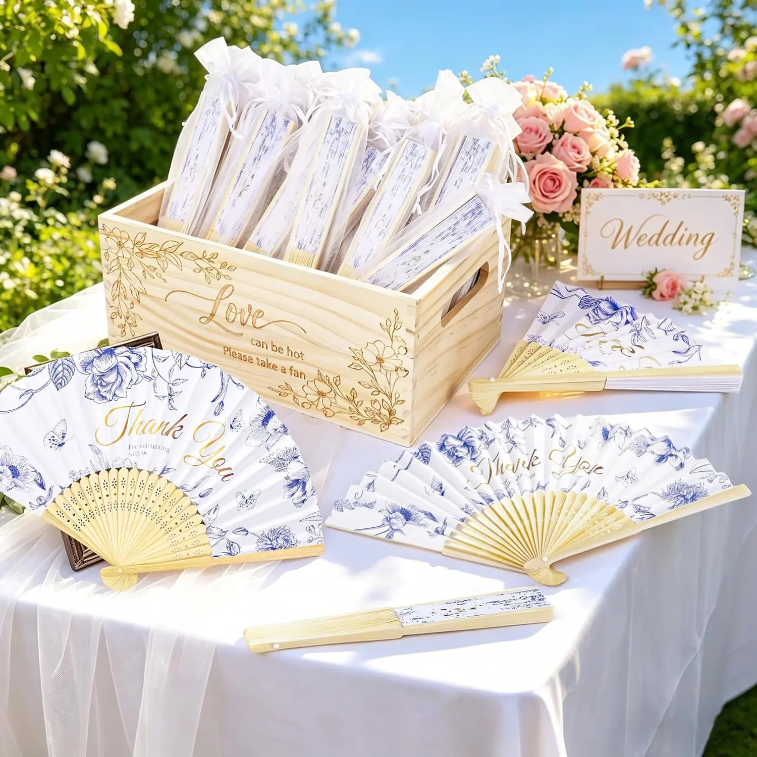Aneco 50 Pieces Wedding Foldable Hand Fans Floral Handheld Paper Fans with Organza Bags and Storage Basket Folding Fans for Wedding Guests Bridal Shower Bridesmaid Gifts