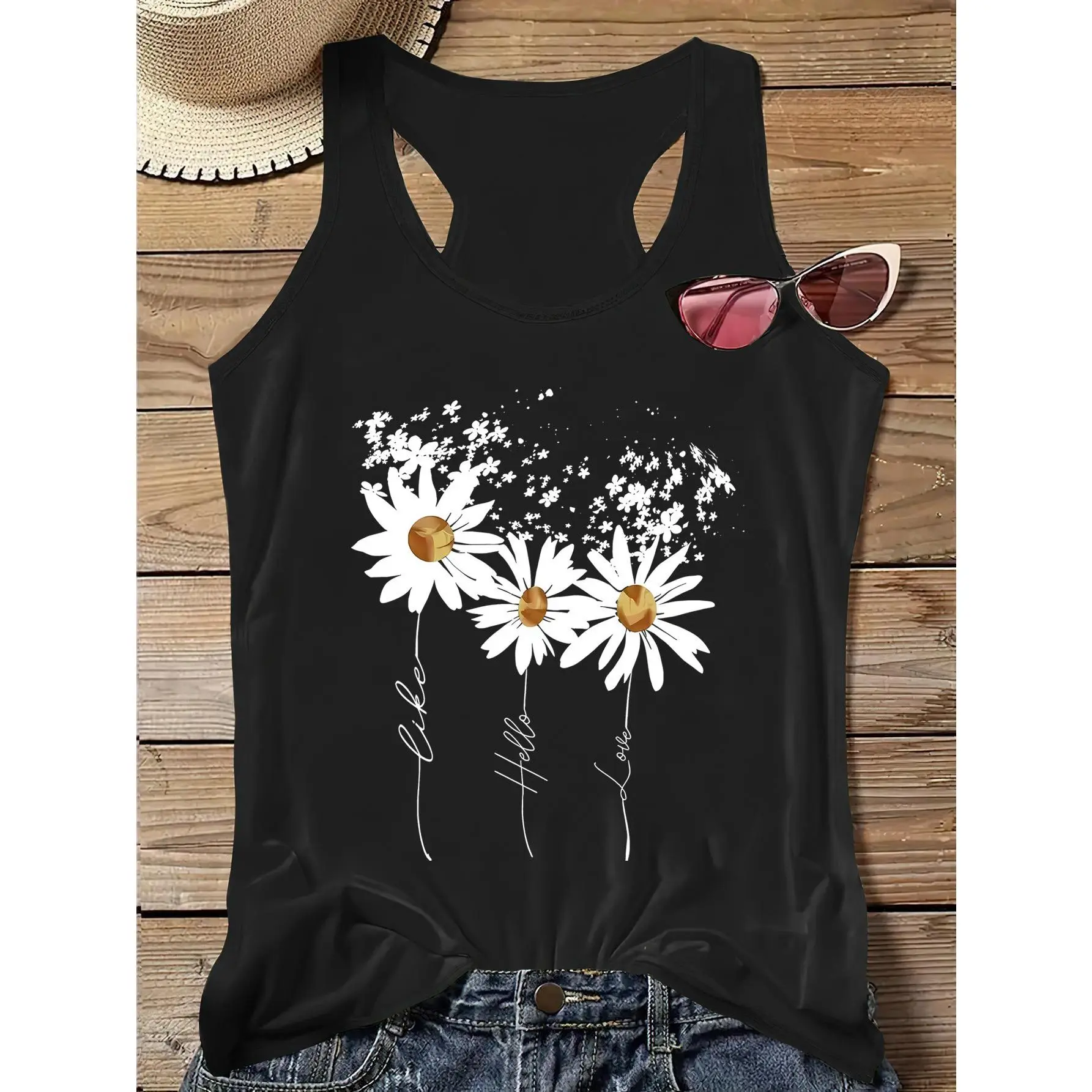 Women's Fashion Tank Top with Daisy Print, Soft Casual Sleeveless Round Neck for a Sporty Summer Style, Printed, Vest, Floral, Tank Tops, Fits, Basic, Sexy, Cute