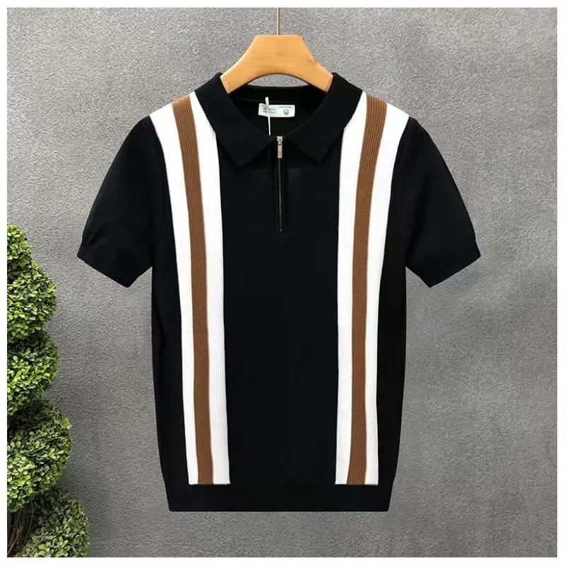 Kyn Apparel Summer New Men Slim-fit Luxury Knitted Polo Shirt Striped Patchwork T-shirt Casual Zipper Short Sleeve Tops Business Knitwear