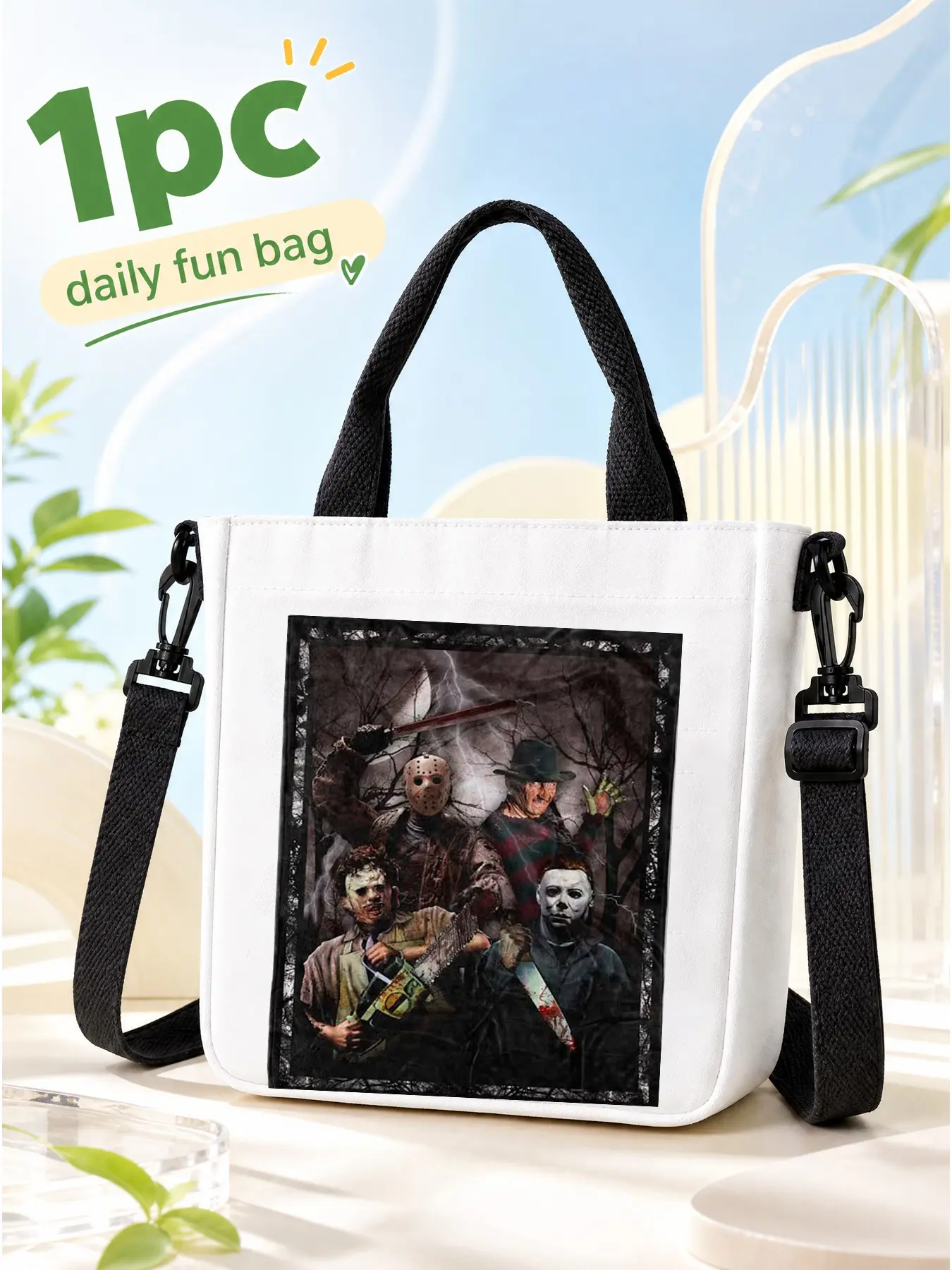 Dark Horror Killer Canvas Tote Bag for Women, White Scary Mask Graphic Crossbody Shoulder Bag, Gothic Thriller Print Handbag, Halloween Shopping Purse, Halloween Gift, Birthday Gift for Horror Fans