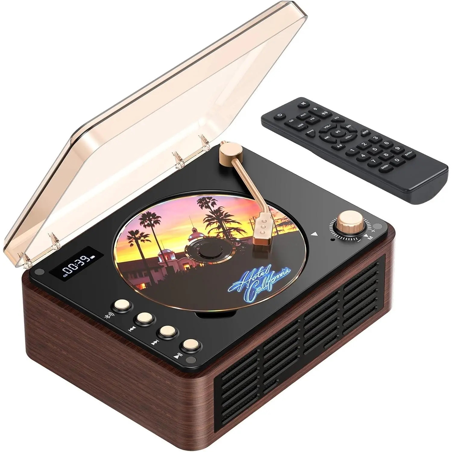 CD Player with Speaker, Retro Portable CD Players for  with , Hi-Fi Bass Boost, 3600mAh , LCD Screen, Top-Loading Design, USB/AUX Input/FM Radio - Walnut Brown