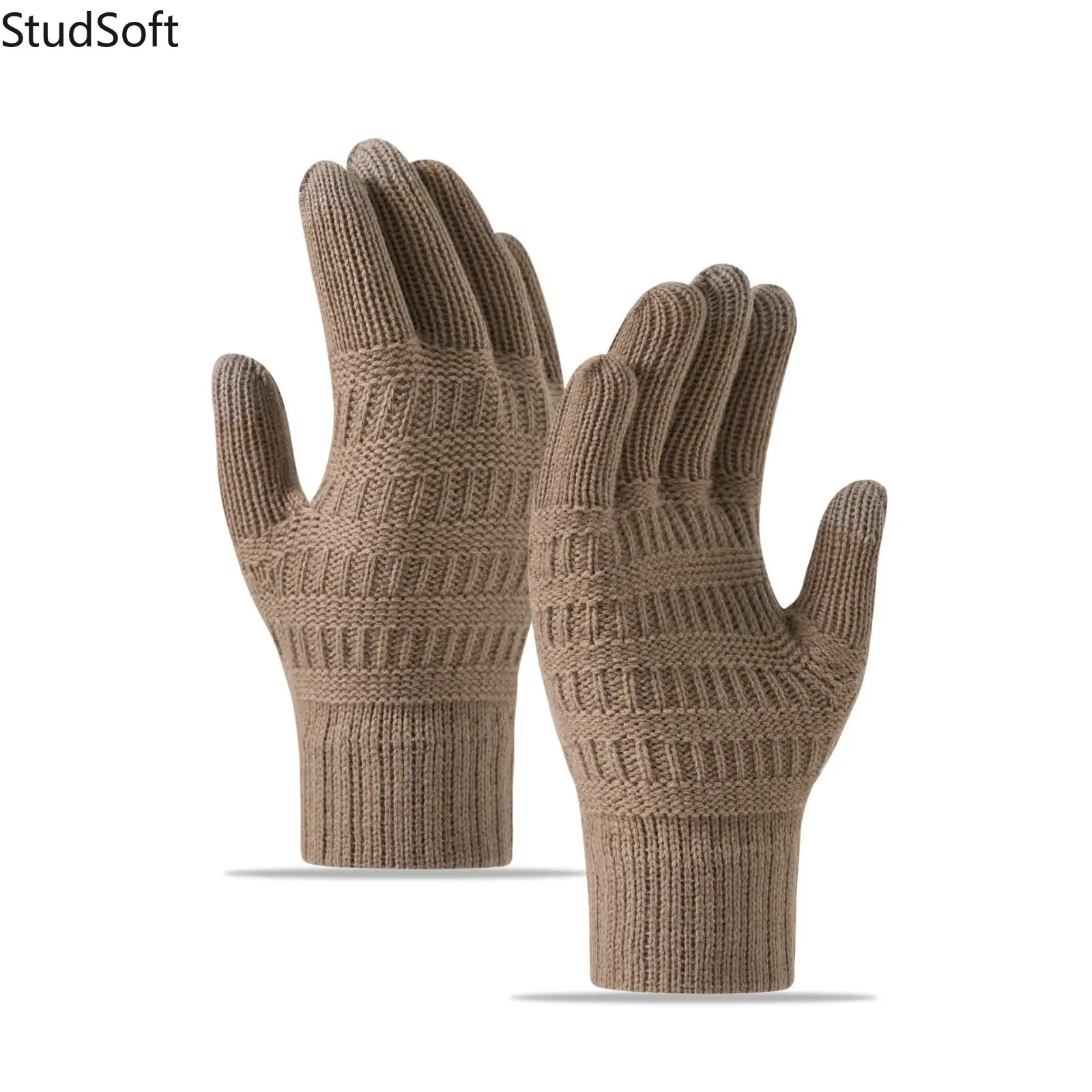 Unisex Knitted Fabric Winter Gloves - Mitten Form, Ribbed Cuffs, Striped Jacquard, Thermal Touchscreen Hand Warmers for Casual Outdoor Driving Skiing, Unisex Wear