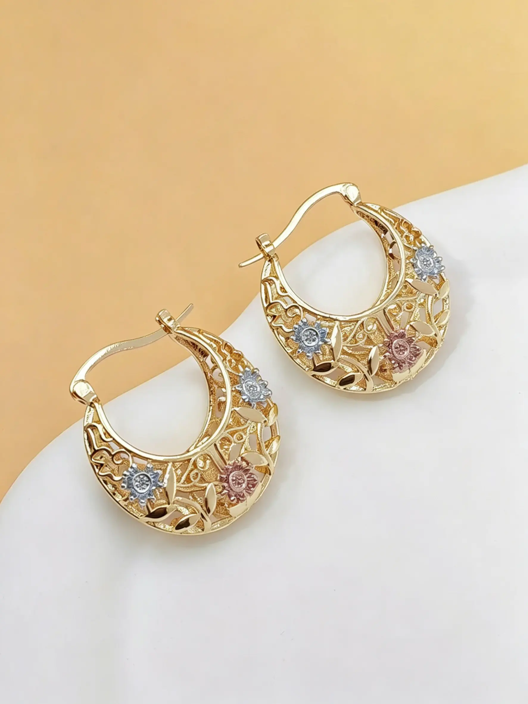 14k Tricolor Floral Hoop Earrings, Vintage Hollow Out Flower Wire Basket Design, Elegant Women's Jewelry Gift