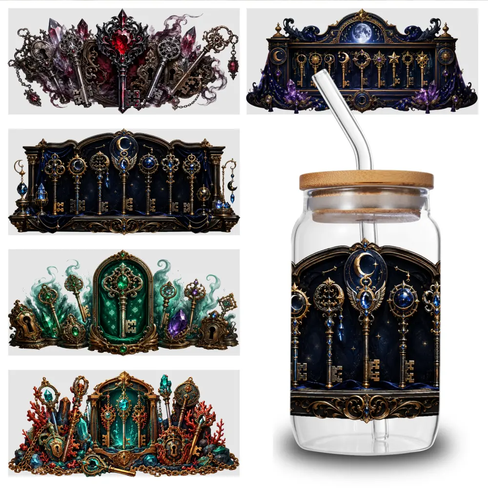 5 Sheets Mystic Keys UV DTF Stickers Design UV DTF Cup Packaging Transfer Waterproof Self-Adhesive Paper for 16oz Glass Mug Water Bottle Cup Practical Wrap, Crystal Label Waterproof And Scratch - High Quality