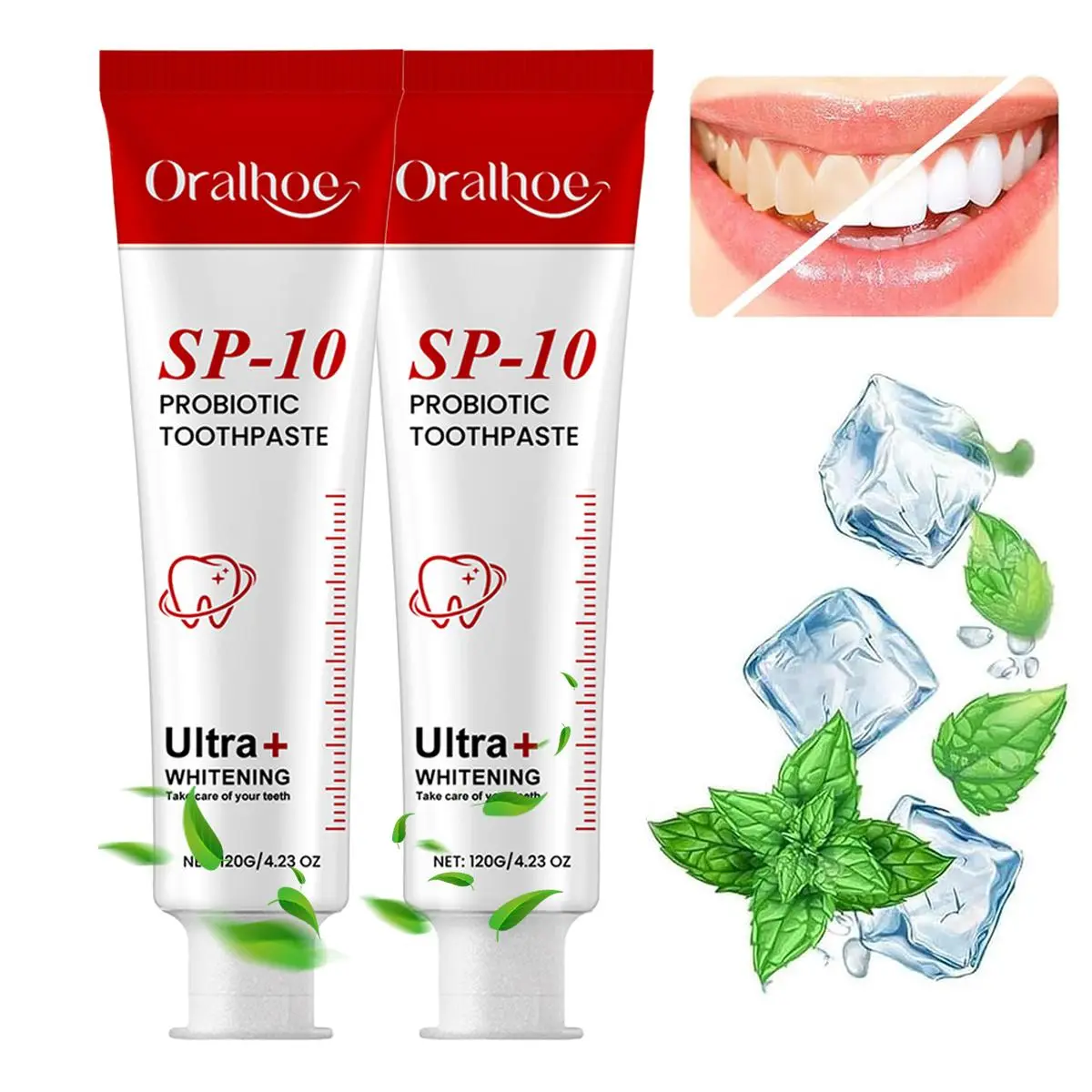 ORALHOEProbiotic Whitening Toothpaste – SP-10 Formula for Stain Removal & Enamel Protection, Fresh Mint Breath, SLS-Free Paraben-Free, Gentle Daily Deep Cleaning for Healthier Gums & Whiter Teeth