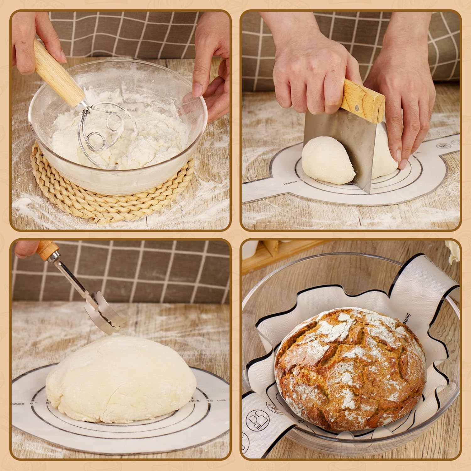 Sourdough Starter Kit, Banneton Bread Proofing Basket 10 Inch Round, Sourdough Bread Baking Supplies with Starter Jar, Bread Sling, Lame, Danish Dough Whisk – Complete Sourdough Kit Gifts for Home Bakers