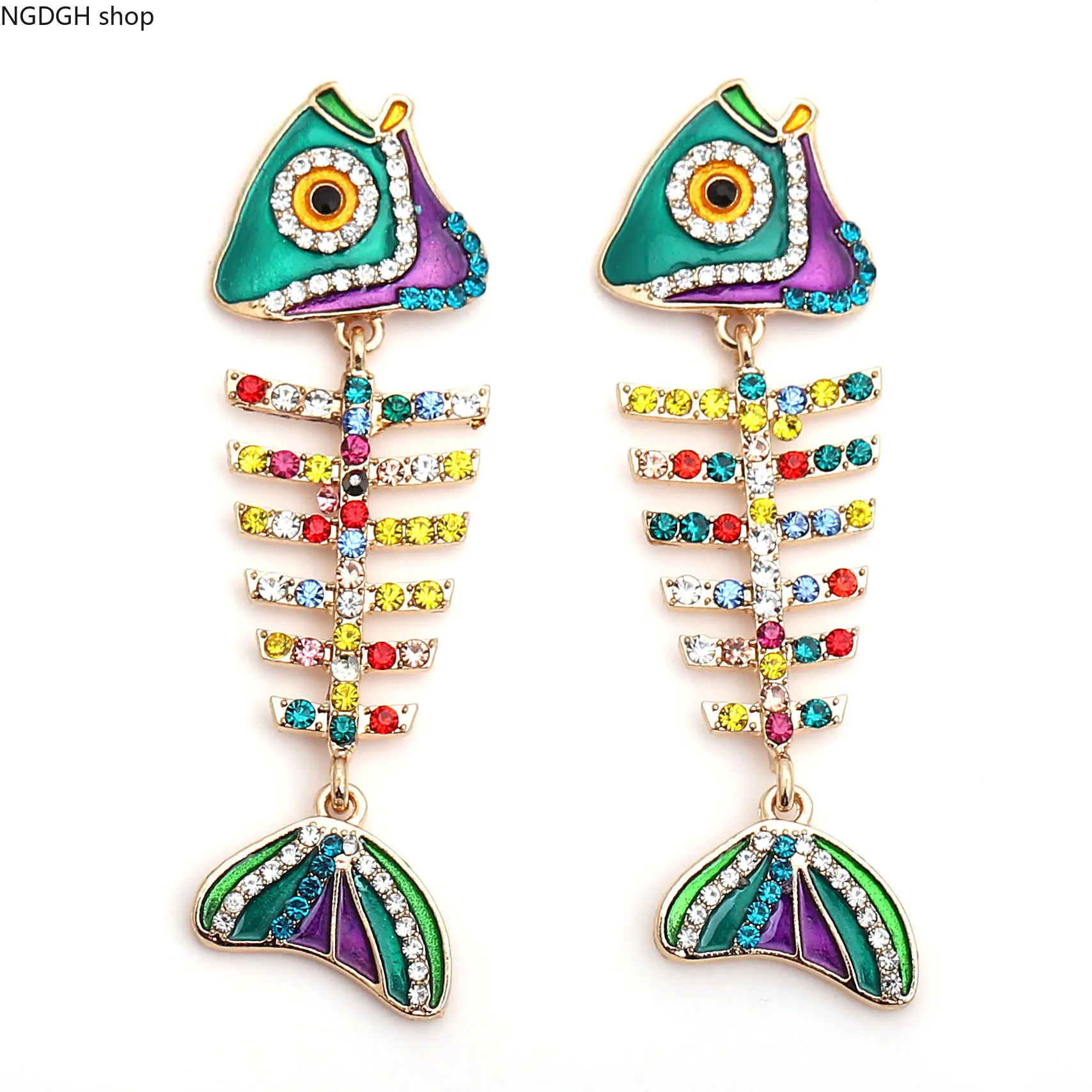 Skeleton Dangle Earrings for Women, Rainbow Fish Bone Boho Statement Jewelry with Rhinestone Enamel for a Summer Party