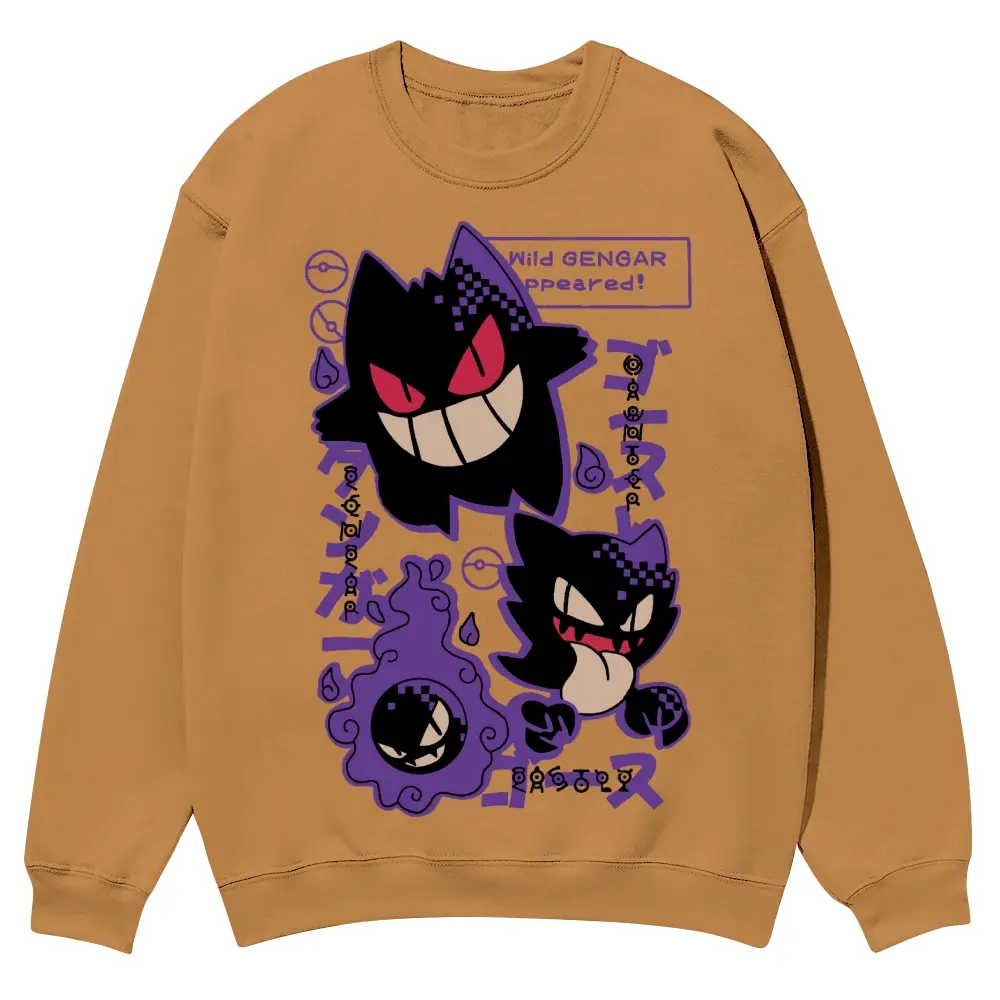 Unisex "Wild GENGAR appeared! GASTLY" Purple Ghost Creature Evolution Graphic Round Neck Sweatshirt Personalized Pattern Y2k Clothing Round Neck Sweatshirt,Women's Clothing, Menswear, Top, Vintage Style,Summer Casual Oversized