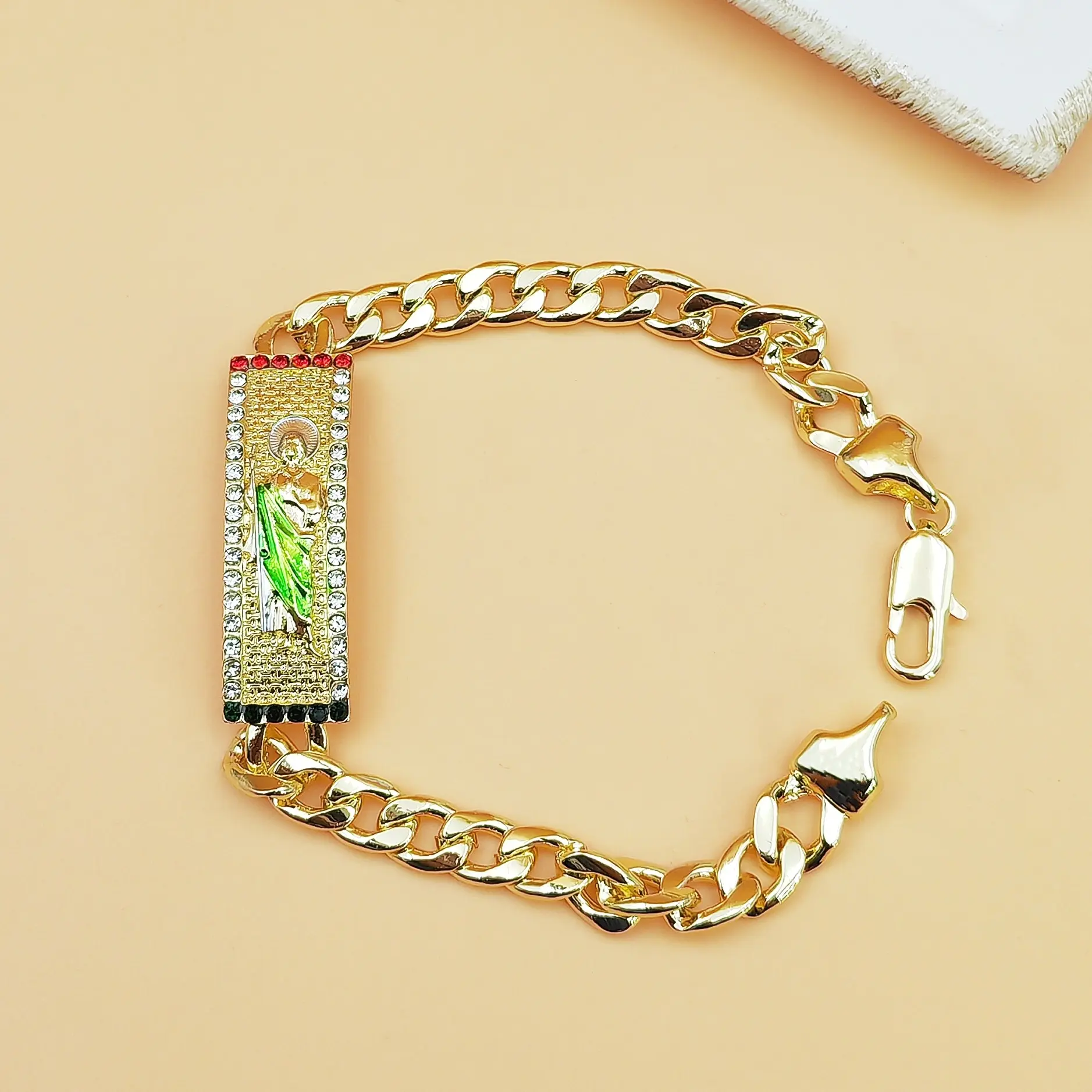 18K Gold Plated Saint Jude Rhinestone Bar Cuban Link Bracelet Color Enamel Religious Thick Curb Chain Statement Wrist Jewelry For Men Women Size 21cm