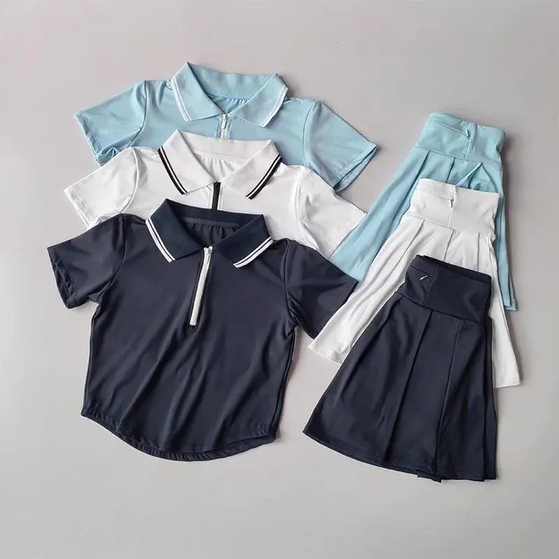 Women's Polo Workout Shirt and Shorts Set, 2-Piece Solid Nylon Activewear Outfit for Training with Welt Pockets, Golf, Breathable, High-Performance, Female, Sleek Design, Sky Blue Set, Short Sleeve Tops, Nylon Fabric, Two-Pieces, Solid Pattern