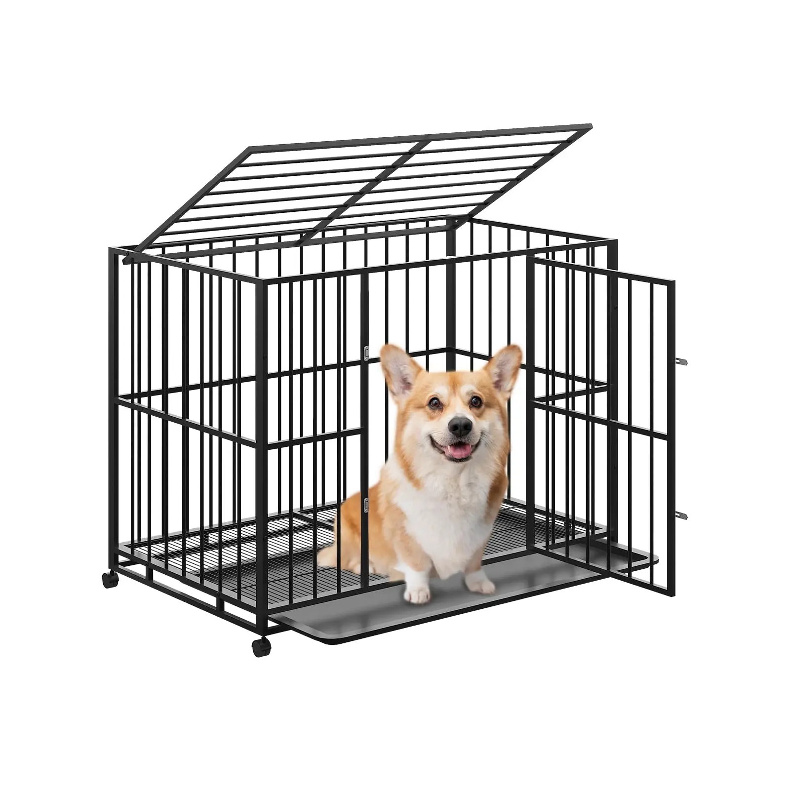 Heavy Duty Stainless Steel Dog Crate – Escape-Proof, Indestructible Kennel for High Anxiety Large or Small Dogs – Chew-Resistant, Locking Wheels, Removable Tray, Stackable, Easy Clean, Indoor Use
