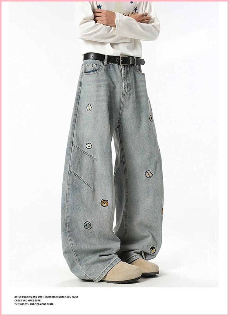 American High Street Trendy Brand Cartoon Embroidered Versatile Distressed Scimitar Pants Wide Leg Pants Straight Jeans