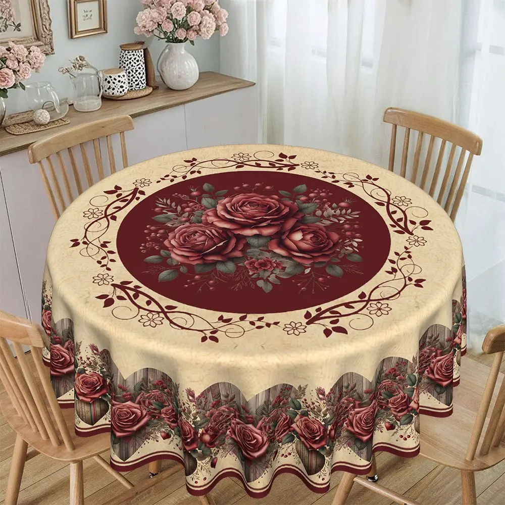 Vintage Rose Bouquet Vine Print Round Tablecloth, Furniture Protector, Party Decor, Hotel Restaurant Dining Room Home Use, 1pc Valentine's Day Table Cover
