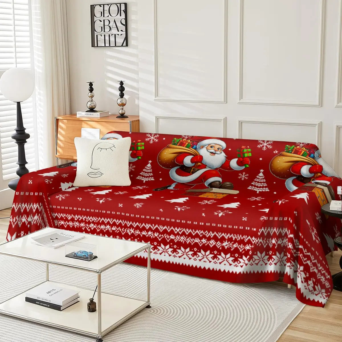 Red background Santa Claus Christmas picture sofa cover machine washable sofa towel suitable for all seasons, suitable for single to four seater, bedroom sofa decoration
