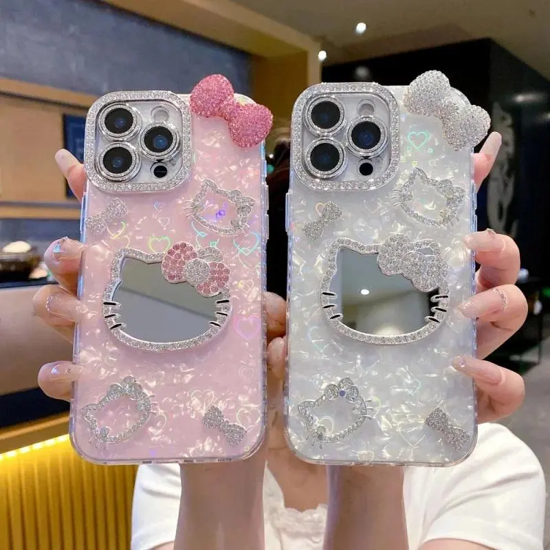 Shell pattern makeup mirror with glitter, cute cartoon cat mirror phone case, compatible With iPhone 17 16 15 14 13 12 Pro Max Plus, shockproof protective case