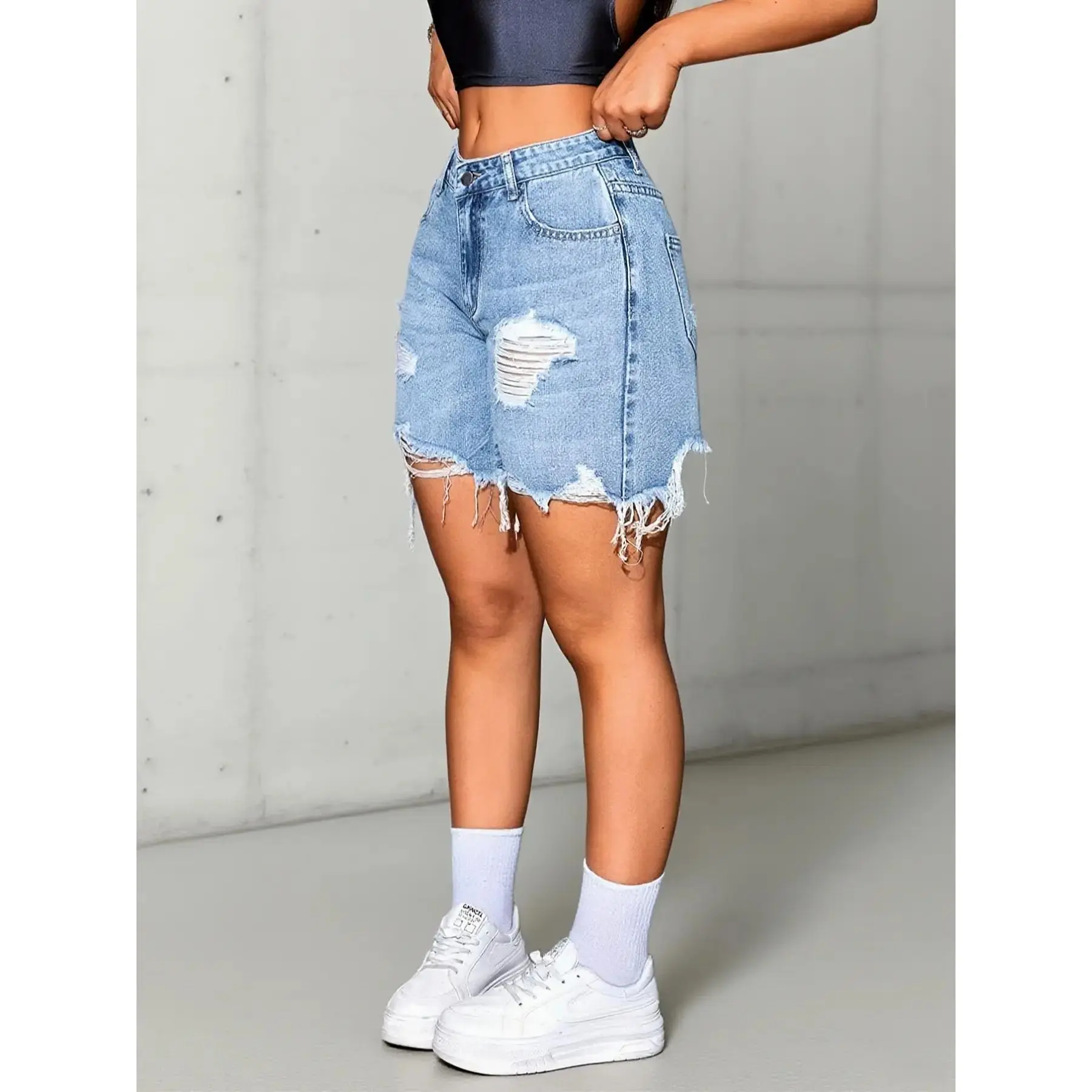 Loose Fit Ripped Frayed Hem Denim Shorts for Women, Vintage Light-Wash Casual Streetwear Style Design, Spring Summer Fall Work Party Vacation Wear, Effortless Distressed Look Trending Now, Modern Retro Aesthetic