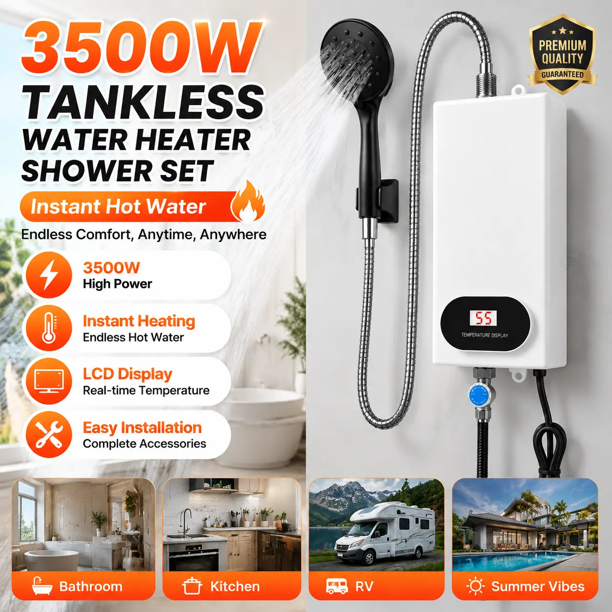 3500W Electric Tankless Water Heater Shower Head Set with LCD Display, Instant Hot Water, Easy Installation for Bathroom, Kitchen & RV (White)#SummerVibes