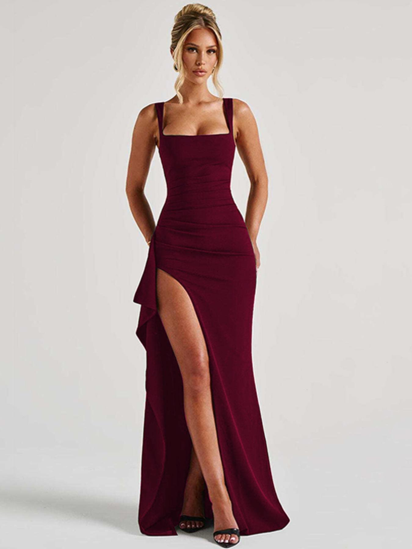 Women's Plain Split Thigh Backless Dress, Elegant Sexy Sleeveless Dress for Party Club Dating Wear, Ladies Clothes for All Seasons, Floor Length Slip Dress, Wear, Elegant Chic Dress