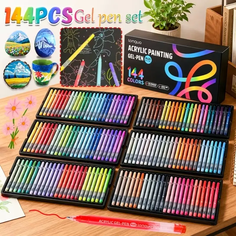 Languo 144-Piece Colored Gel Pen Set, 1.0mm Thick Tip, Rich Colors, Large Capacity, Ideal for Adult Coloring, DIY Crafts, School Supplies