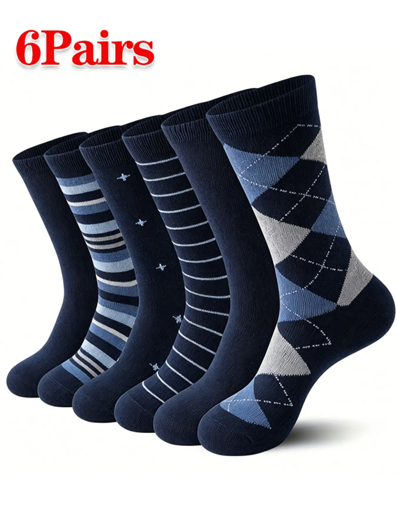 6 Pairs Men's Classic Business Crew Socks, Vintage Plaid Solid Knit, Suitable for Office & Daily Wear, Christmas Gift Set