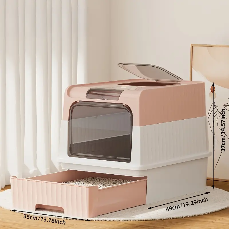 Large litter box with pull-out drawers, fully enclosed cat toilet for privacy and odor control, front entry and top exit, leak-proof and easy-to-clean tray, large litter box with litter shovel, ideal for daily use in multi-cat households