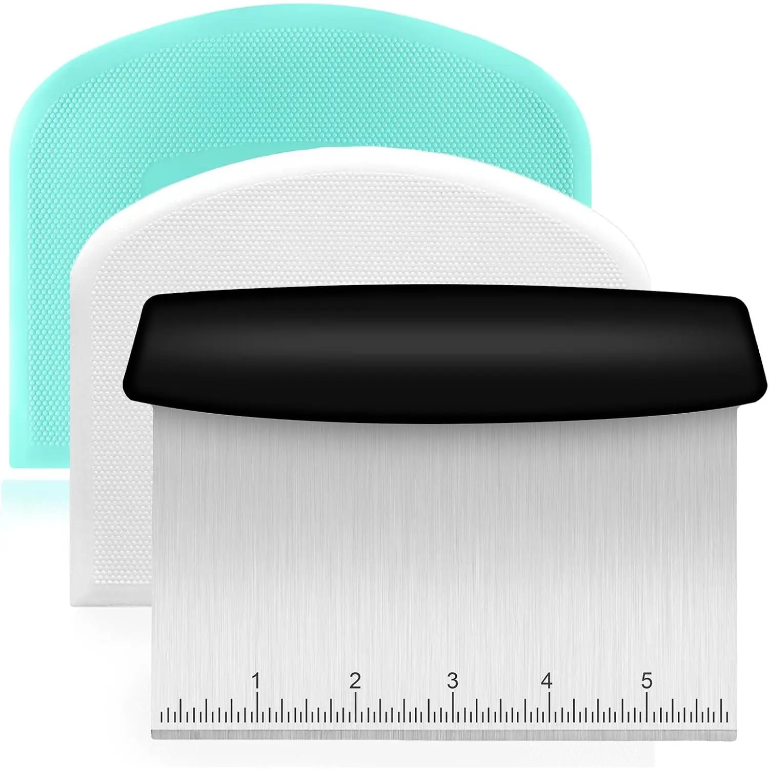 Bench Scraper,  Stainless Steel Dough Scraper with 2 count Flexible Bowl Scraper, Dough  with Measuring Scale, Versatile Kitchen Scraper Set for Pastry Bread Pizza Cake