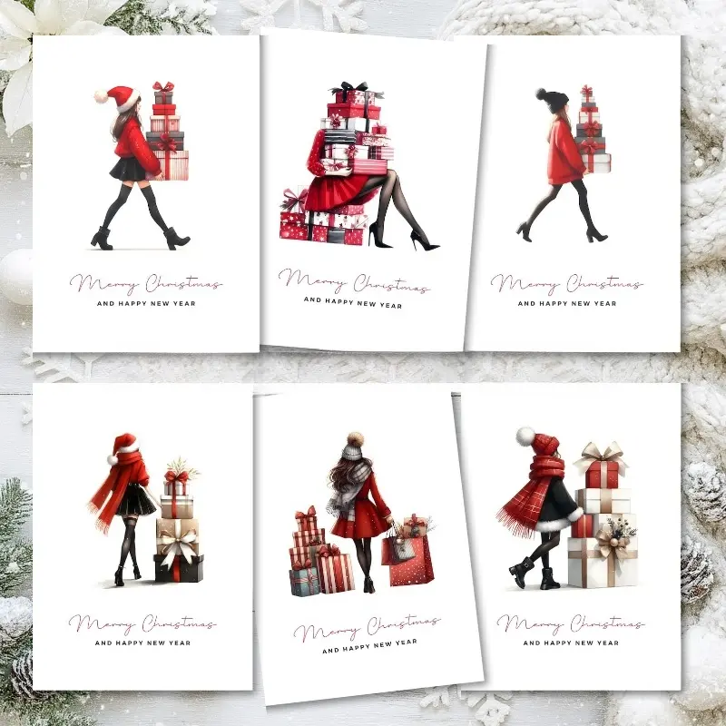 Fashionable Christmas Girl Greeting Card, 6 Stylish Holiday Cards