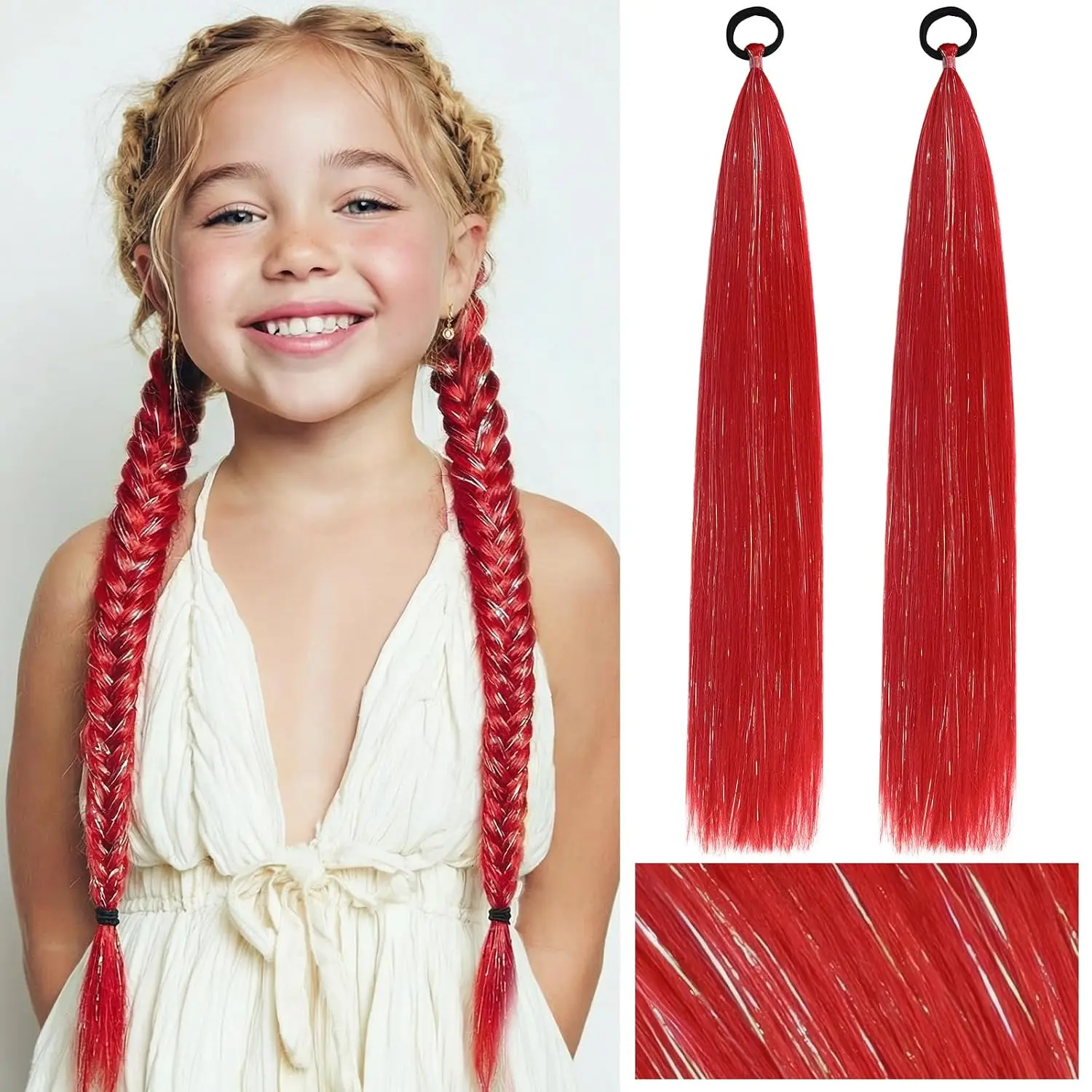 Red Ponytail Extension with Tinsel, 2 Pack Braided Ponytail