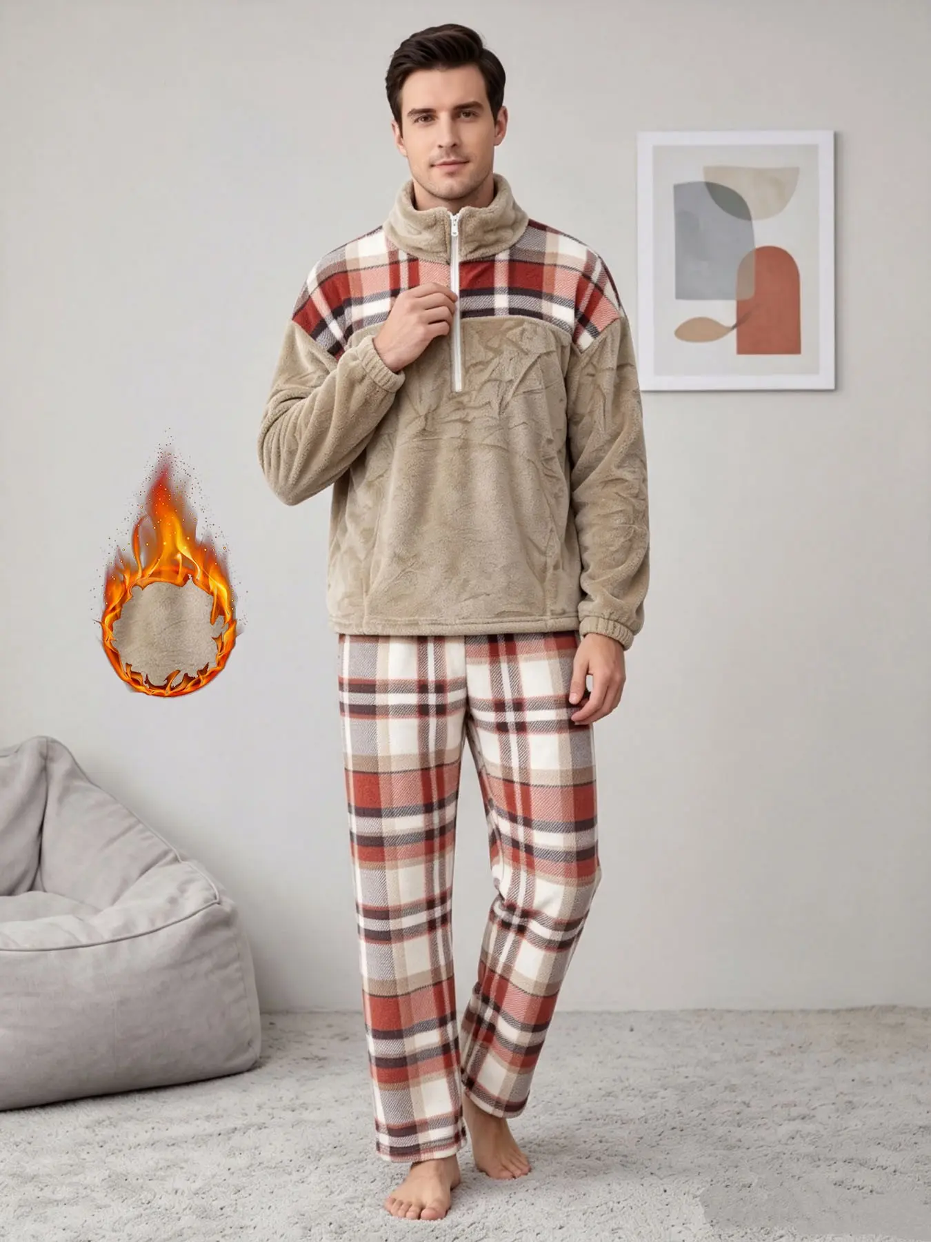 Men's Fall Winter Retro Casual Plaid Flannel Pajama Set, Half-Zip Stand Collar Long Sleeve, Loose Fit Pants, Warm Home Wear