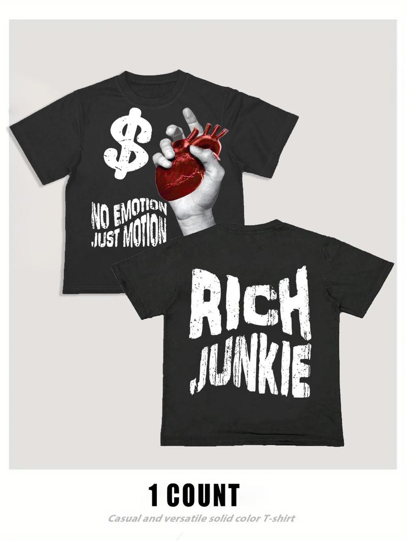 Men's Cartoon Hand & Rich Junkie Print Round Neck Tee, Loose Casual Fashion Short Sleeve T-shirt for Summer, Men's Top for Daily Wear, Tropical, Casual Streetwear