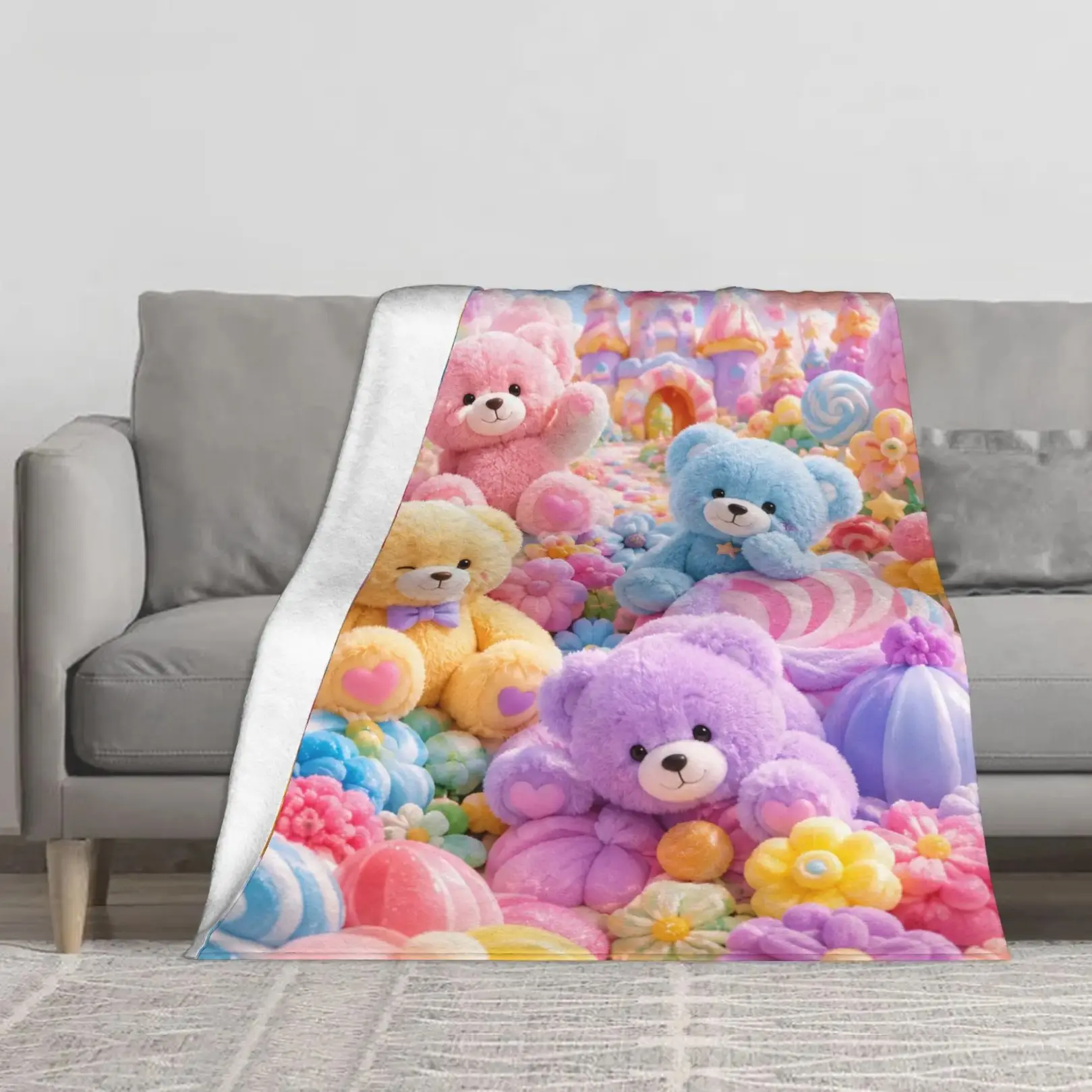 Candy Paradise Teddy Bear Blanket Lightweight Soft Fluffy Flannel Teddy Bear Throw Blanket Pastel Rainbow Castle Print All Season Blanket For Couch Bed Sofa Bedroom Living Room Travel Office Birthday Easter Baby Shower Holiday Gift