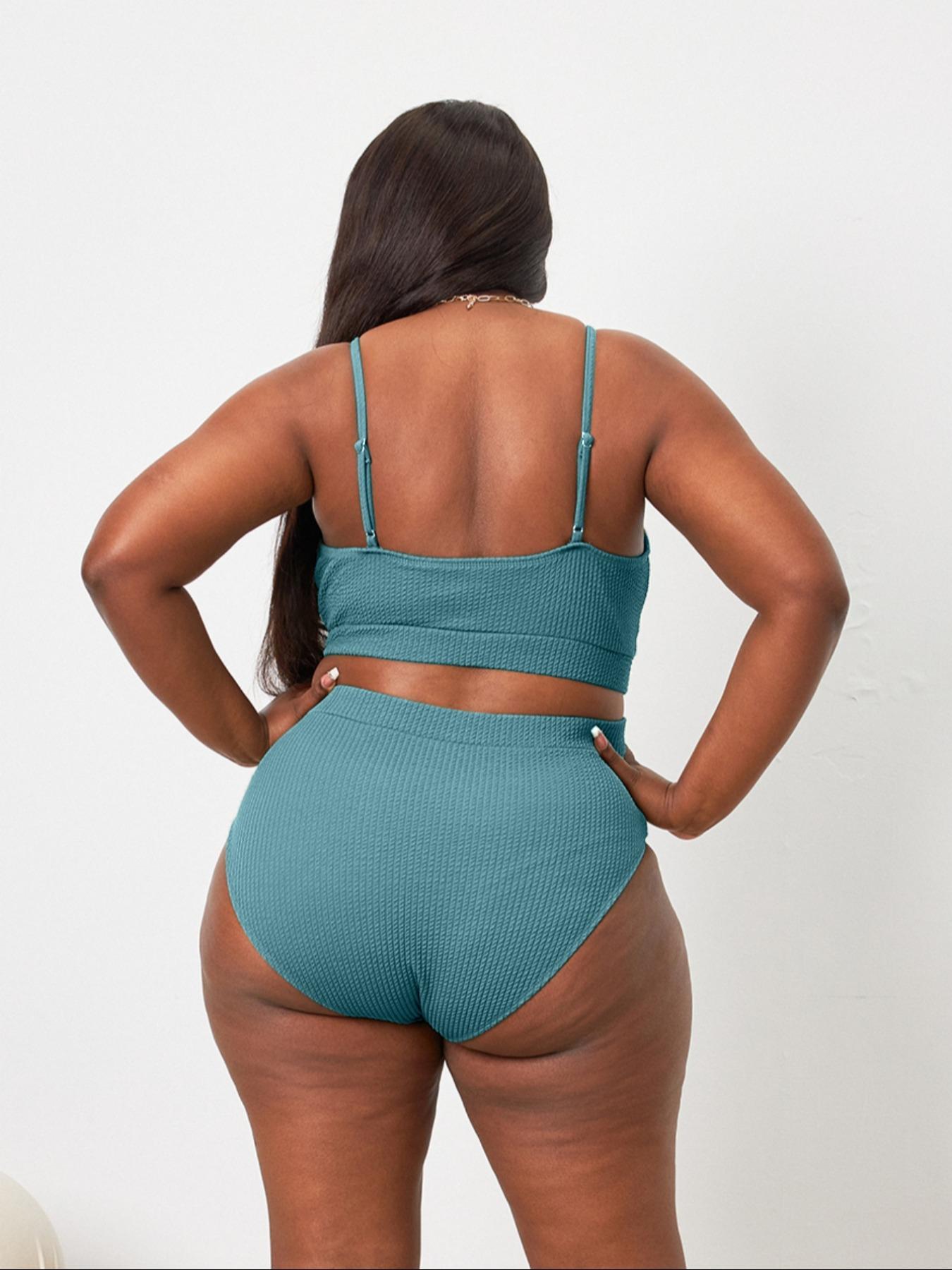 [Plus Size] Plain Ribbed Swimsuits, Casual Spaghetti Strap Cami Swim Top & High Waist Swim Bottom Bikini Sets for Summer, Swimsuit for Women, Women's Swimwear for Beach Holiday, Tankini Outfit, High Waisted Swimsuit, Swim Tankini Tops