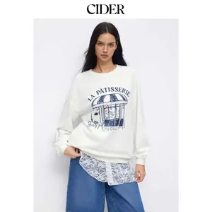 Cider La Patisserie Cotton Graphic Round Neckline Long Sleeve Oversized Sweatshirt Dealsforyou