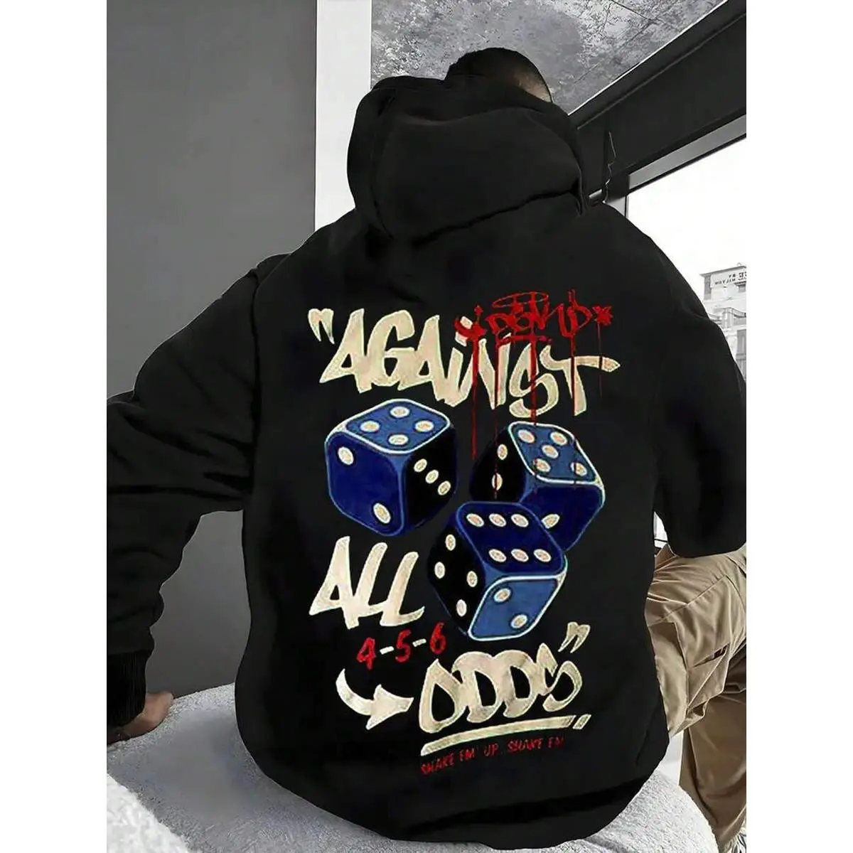Men's Heavyweight Hooded Sweatshirt With Adversity Pattern - Oversized Streetwear Pullover, Black Geometric Design For Gaming Nights & Casual Wear