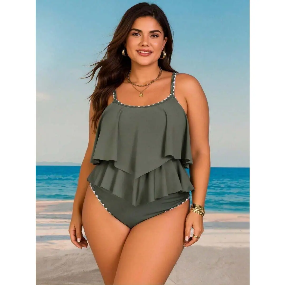 Women's High-Waisted Olive Green Ruffle Trim Tankini Set, Casual Knit Fabric Swimsuits with Contrast Stitching, Tankini Swimsuits for Sports & Outdoor Use, Stretch, Long, Knitted, Plain, Solid, Female, St. Patrick's Day