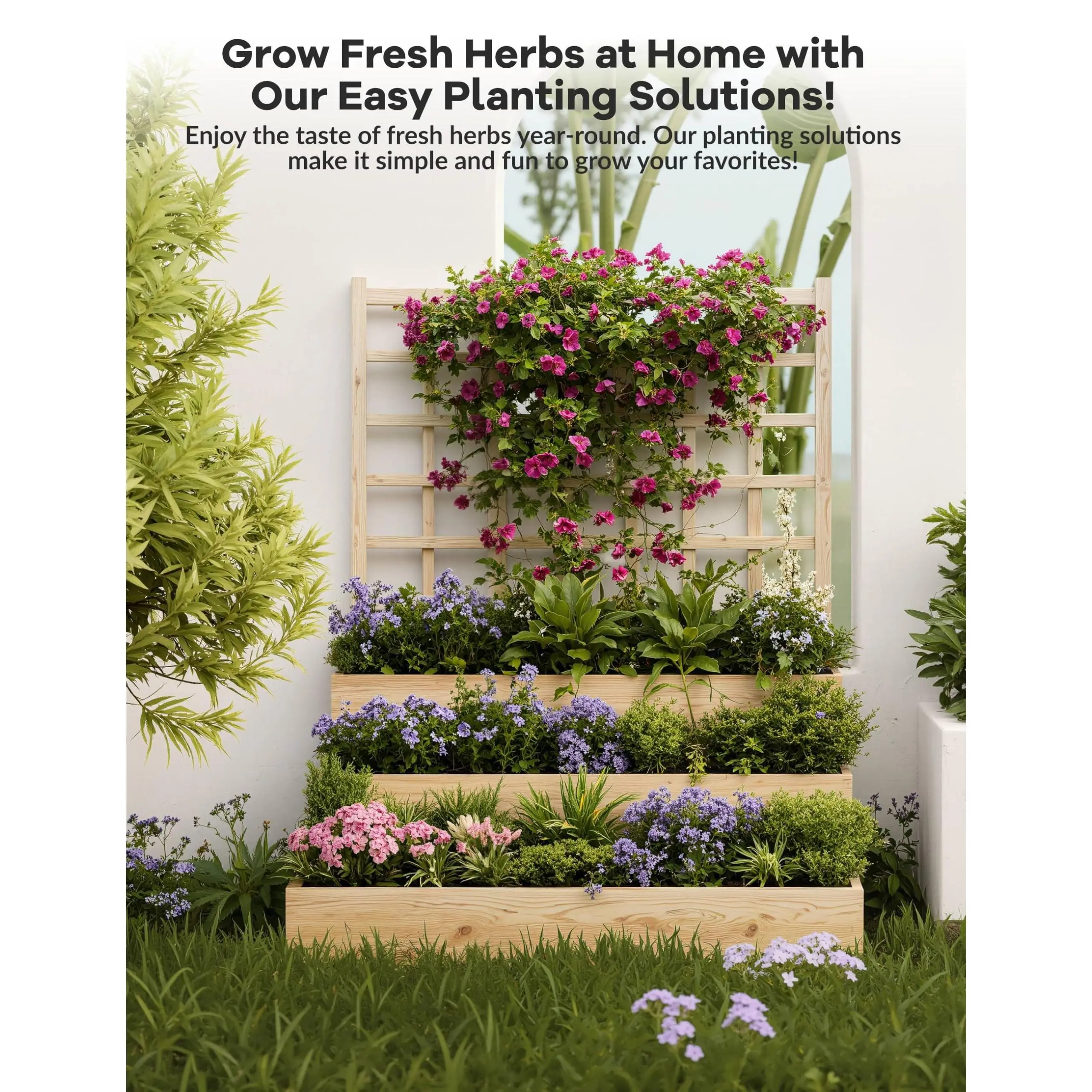 GAOMON 3-Tier Wooden Vertical Raised Garden Bed with Trellis – Space-Saving Planter Box for Climbing Plants, Herbs, Vegetables, and Flowers – Open Base for Enhanced Drainage – Ideal for Patio, Deck, Balcony, Small Yards