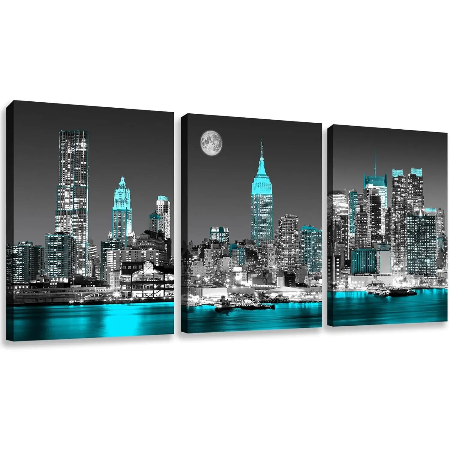 3-Piece Blue City Night View Canvas Wall Art, Modern Cityscape Prints, Ready-to-Hang Decoration for Living Room Bedroom (12x16in), Ideal Hanging Gift for Home Decor, Artistic