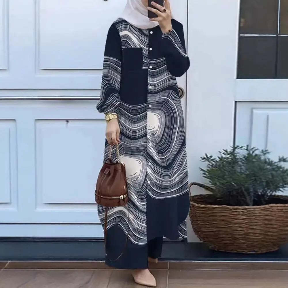 Elegant trade style patchwork cardigan, long-sleeved collared women's shirt and pants set, in stock