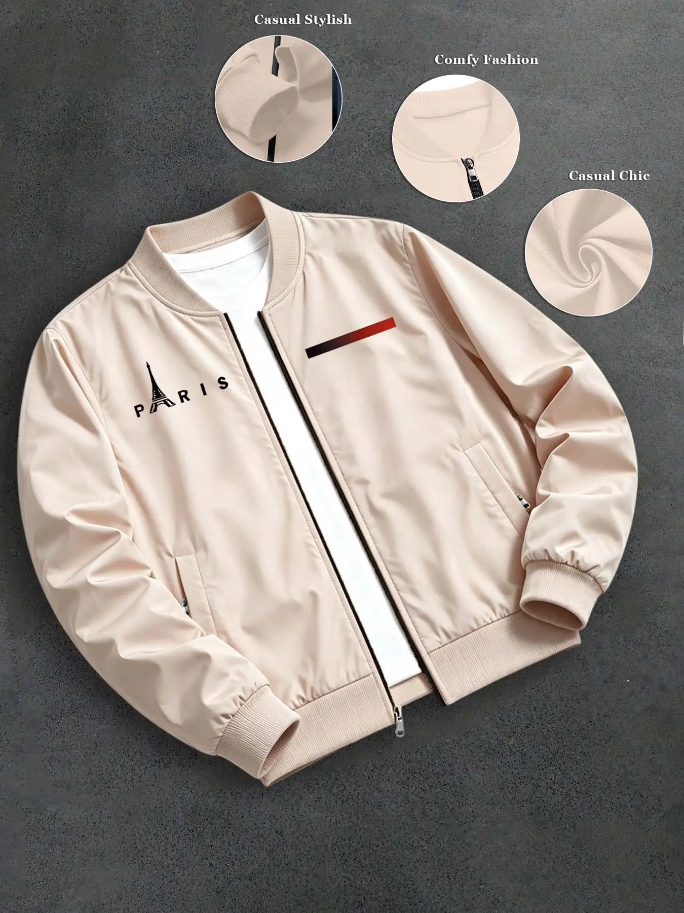 Men's Spring Summer Casual Jacket, Portable Fashion Zipper Pockets, Paris Eiffel Tower Gradient Pattern, Ideal for Daily Outdoor Wear