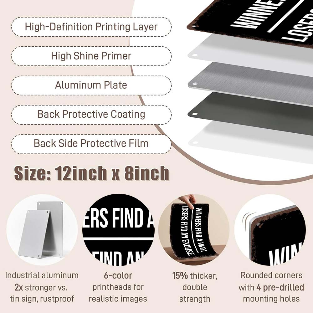 Winners Find A Way. Losers Find An Excuse. 12x8 Inch Motivational Wall Art – Gym, Office, Garage Decor – Bold Indoor/Outdoor Poster