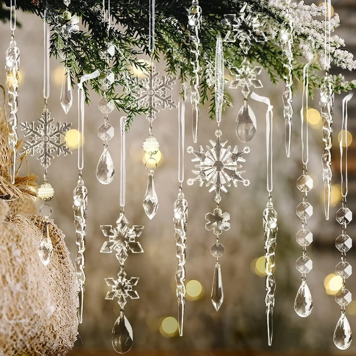 18pcs Christmas Tree Decor Crystal Ornaments, Hanging Acrylic Snowflake Ice Column, Perfect for Holiday Parties, Winter Festive Decorations